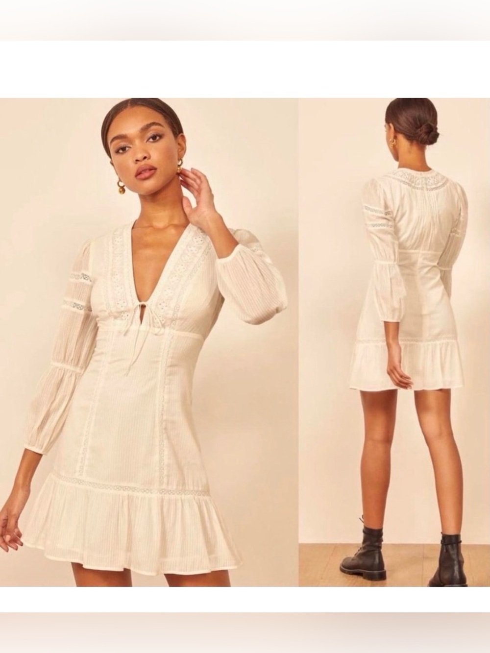 Reformation Cecille Mini Dress Sz 6 Lace Long Sleeve White Cottagecore Bohemian